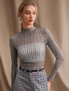 Anewsta Blusas de verano de manga larga, ajustadas y ligeras con estampado de cuadros retro marrón para mujer - Azul - Ver 2