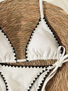 Swim Mod 2026 Spring/Summer Spaghetti Strap Halter Textured Fabric Side High Cut Women's Bikini Set, Vacation Style Crochet Bikini Set Crochet Swimsuit Women Textured Bikini String Bikini Set - White - View 5