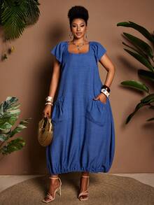 Maweii Plus Size Women's Elegant Casual Versatile Solid Color Fabric Dress With Ruffle Hem, Functional Pockets, Suitable For Casual Outings, Sisters' Afternoon Tea, Casual Daily Wear, Spring/Summer - Blue - View 2