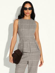KSTM Glen Plaid Peplum Tank Top Sleeveless Blouse Office Business Casual Professional Flare Hem Boat Neck Check Pattern Tank Top - Multicolor - View 1