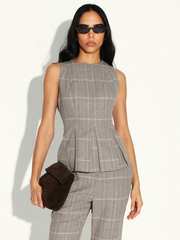 KSTM Glen Plaid Peplum Tank Top Sleeveless Blouse Office Business Casual Professional Flare Hem Boat Neck Check Pattern Tank Top