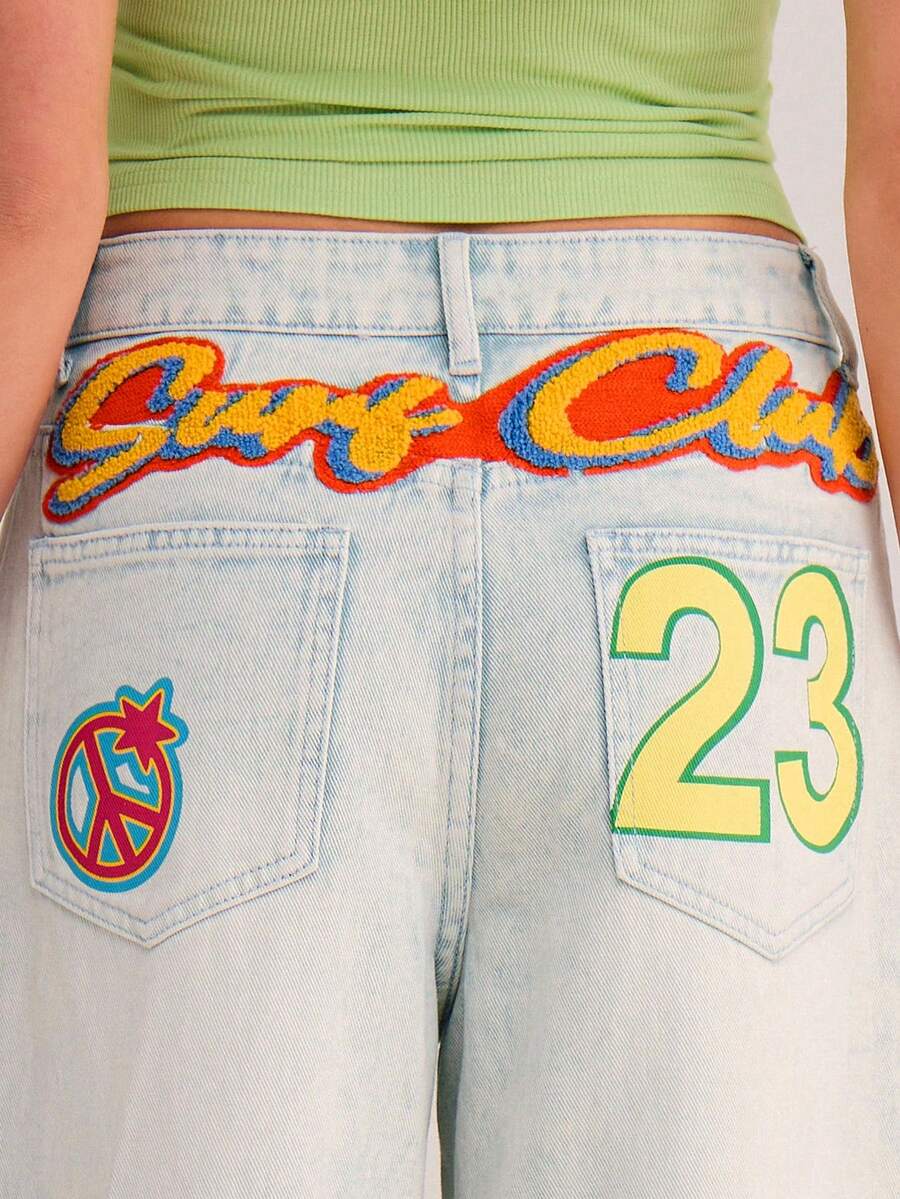 Athîral Jeans de pierna ancha versátiles y casuales con bolsillo, botón, gráfico de letras y números, para uso diario - Azul - Ver 1