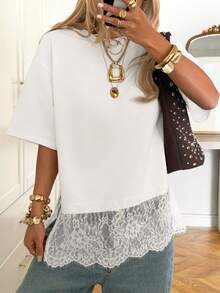 SHEIN EZwear Áo thun nữ tay ngắn cổ tròn màu trơn, kiểu dáng thường ngày, đa năng. - trắng - Xem 8