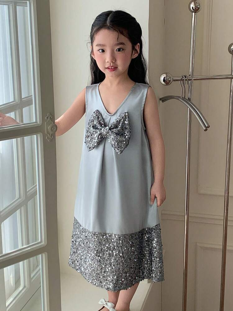 Young Girl Elegant Party Sequin Bow Decor Sleeveless Dress