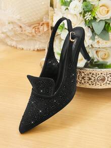 CUCCOO HITCHD Tacones altos con punta afilada y correa de tobillo con cristales negros para mujeres - Negro - Ver 13
