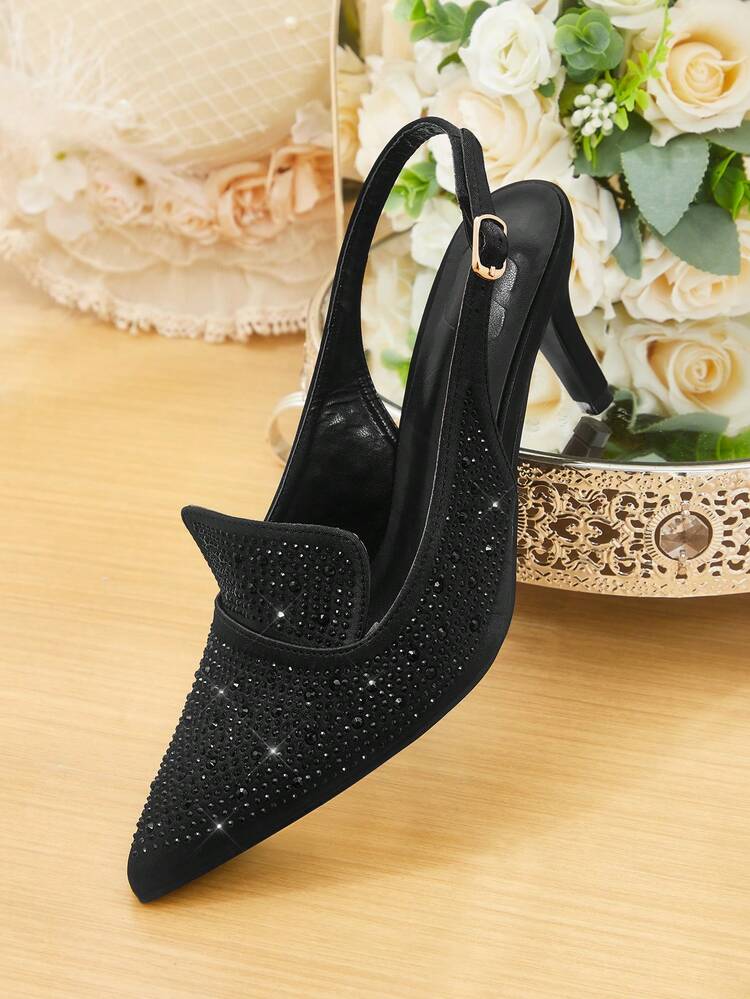 CUCCOO HITCHD Black Crystal Pointed Toe Ankle Strap High Heel Pumps For Women Wedding Shoes Spring Shoes Bride Shoes
