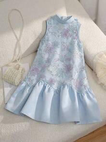 SHEIN 少女纯色立领蝴蝶结网纱亮片刺绣无袖连衣裙 - 白色 - 查看 4