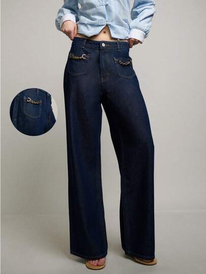 Nöista Women's High-Waisted Wide-Leg Dark Blue Jeans, Casual Style, Vintage Wash, Metal Chain Embellishments, Easy To Match With Various Tops, Suitable For Everyday Wear, Office, Or Street Style.