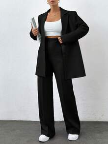 Conjunto de chaqueta y pantalones de traje de unicolor versátil y de moda, ropa de oficina, para mujeres altas - Negro - Ver 3