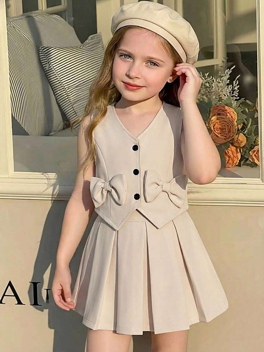 Elladie kids 2件套女童复古蝴蝶结西装背心和百褶裙套装，优雅设计，适合通勤和休闲穿着 - 卡其色 - 查看 1