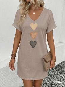 EMERY ROSE Heart Print Short Sleeve Casual Summer Dress - Khaki - View 1