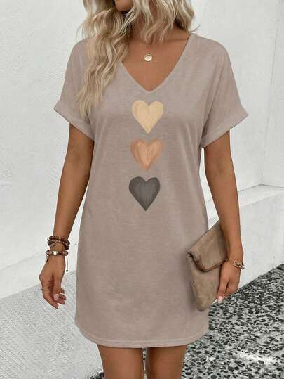 EMERY ROSE Herz-Muster Kurzarm Lässig Sommerkleid