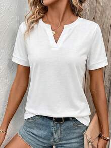 SHEIN 女士纯色V领短袖休闲百搭T恤 - 白色 - 查看 5
