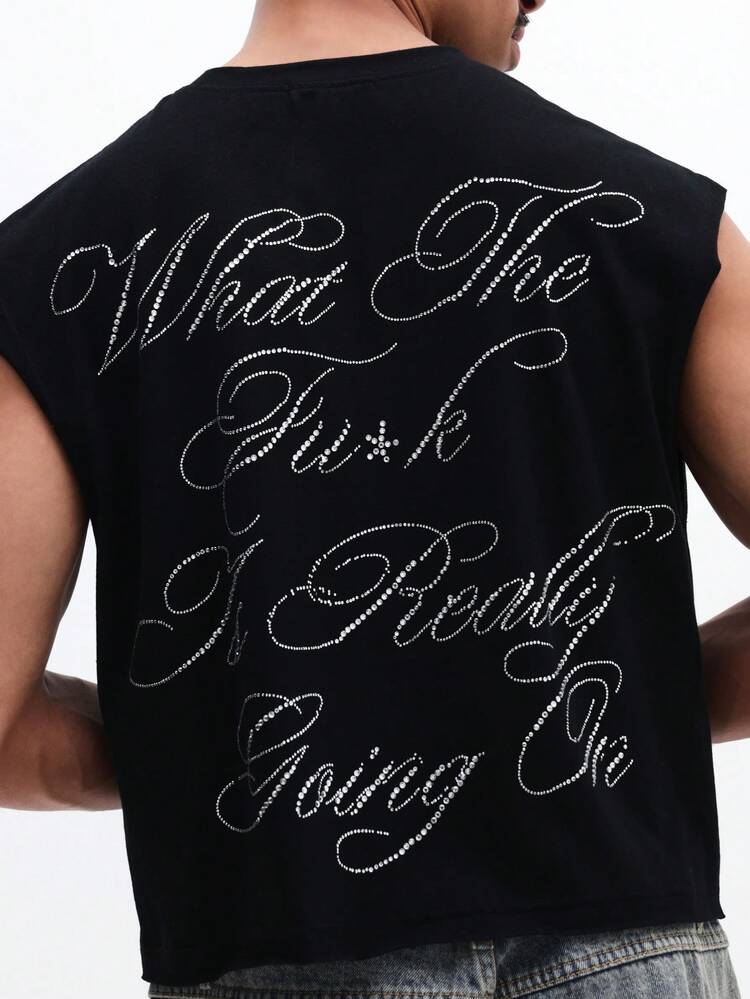 Rhinestone Embellished Tank Top With Script Font Design Sleeveless Crew Neck Regular Fit Summer Men's Casual Top