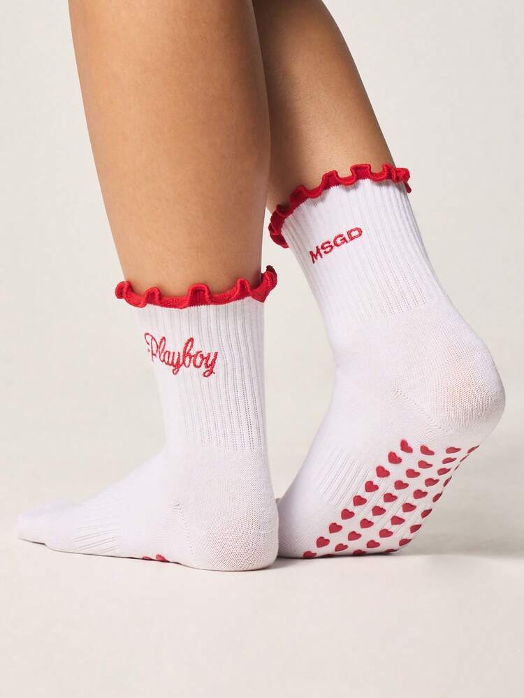 Missguided x Playboy 3 Pack Ribbed Ankle Socks With Ruffle Trim And Brand Logo Embroidery For Casual Everyday Wear