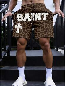 Manfinity Dauomo Pantalones cortos sueltos de verano para hombres con estampado de leopardo, letras y gráfico de cruz, con cordón en la cintura - Multicolor - Ver 1