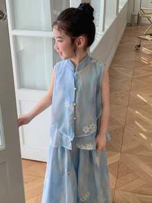 DAZY Bộ quần áo mùa thu cho bé gái, áo không tay thêu và quần short 2 món thời trang cho bé gái. - Màu xanh lam - Xem 7