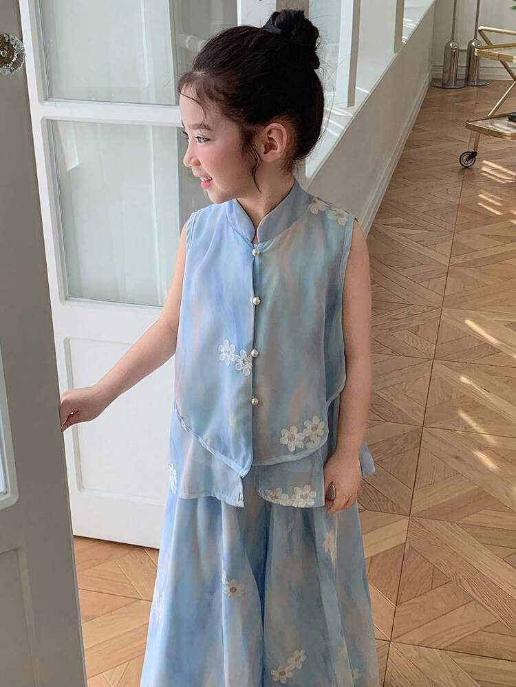 Young Girl Fall Clothes, Girls Fashion Embroidered Sleeveless Top & Shorts 2 Pieces Set