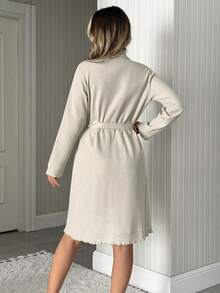 SHEIN Women Cotton Waffle Rib Knit With Pocket&Ruffle Detail Belted Homewear Comfort Lounge Set - Beige - View 2