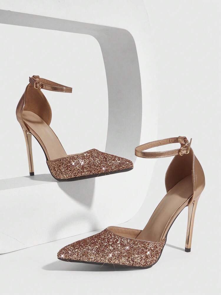 CUCCOO SZL Women Shoes Pointed Stiletto Champagne Shiny Glitter Ankle Strap Women's Hollow Shoes Fashion Sexy Dinner Party Nightclub And Other Occasions Women's High Heel Shoes Women's Shoes
