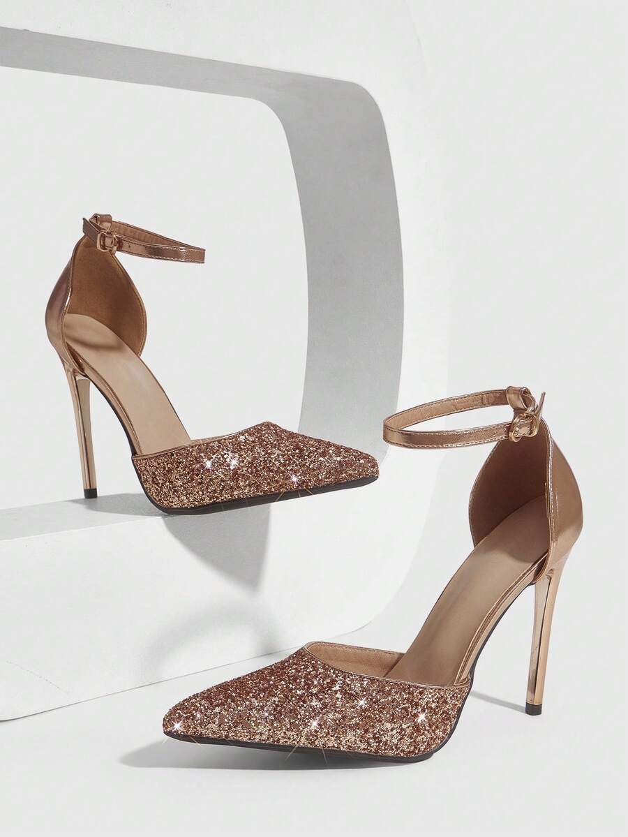 CUCCOO SZL 女士尖头细高跟香槟色闪亮亮片踝带镂空鞋，时尚性感，适合晚宴、夜店等场合，女士高跟鞋 - 格麗特香檳4# - 查看 1