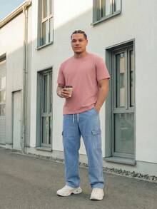 Manfinity EZcore Plus Size Men's Casual Solid Color Round Neck Short Sleeve T-Shirt, Summer - Pink - View 2