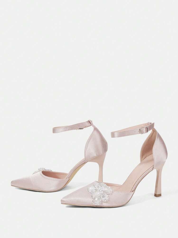 CUCCOO HITCHD Women Shoes Pointed Stiletto Satin Fabric Bow Decoration Stylish Simple And Comfortable Daily Party Wedding Banquet Buckle Style Hollow High Heels Elegant Shoes Wedding Shoes