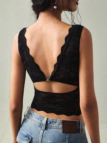 SoleilVie 女士蕾丝边V领露背优雅衬衫 - 黑色 - 查看 2