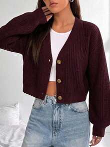 EURMUSE White Lantern Sleeve Button Front Rib Knit Cardigan - Brown - View 3