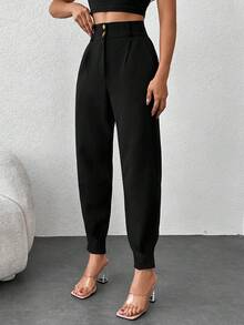 EURMUSE High Waist Slant Pocket Tapered Pants - Black - View 5