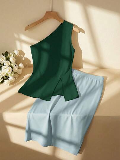 GlowEve 2pcs/Set Women Elegant Vintage Style Solid Color Spaghetti Strap Tank Top And Long Skirt Set, Spring/Summer