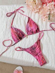 Elavelle Bộ bikini gợi cảm cổ yếm in họa tiết ngẫu nhiên dành cho nữ, trang phục đi biển mùa hè. - Nhiều màu - Xem 4