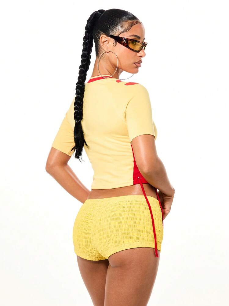 SUMWON WOMEN V Neck Lace Up Football Crop Top