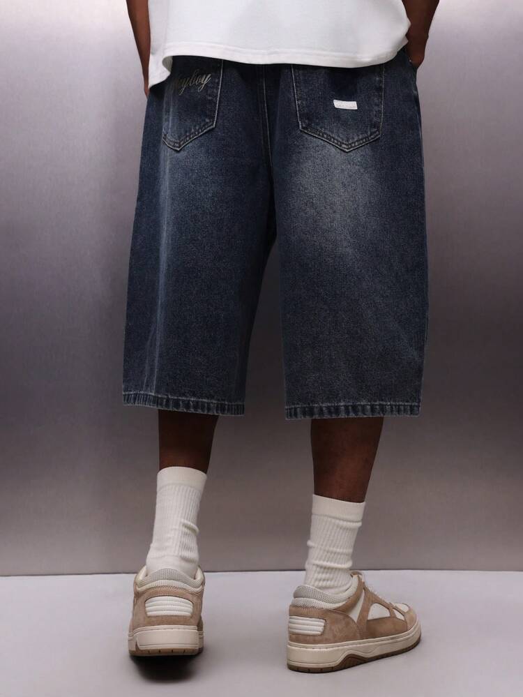 PLAYBOY X SUMWON Men's Knee Length Denim Jorts With Logo Pull On Baggy Wide Leg Summer Shorts Vintage Wash Streetwear