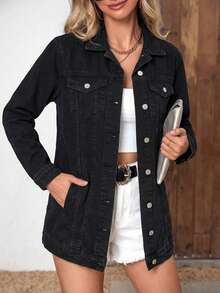 EURMUSE 100%Cotton Flap Pocket Button Front Denim Coat - Black - View 4