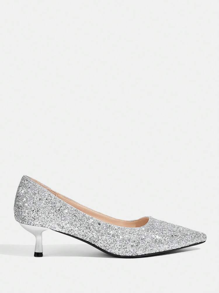 CUCCOO TILAWA Women's Silver Sequin Pointed Toe Elegant Cat Eye Stiletto High Heel Pumps