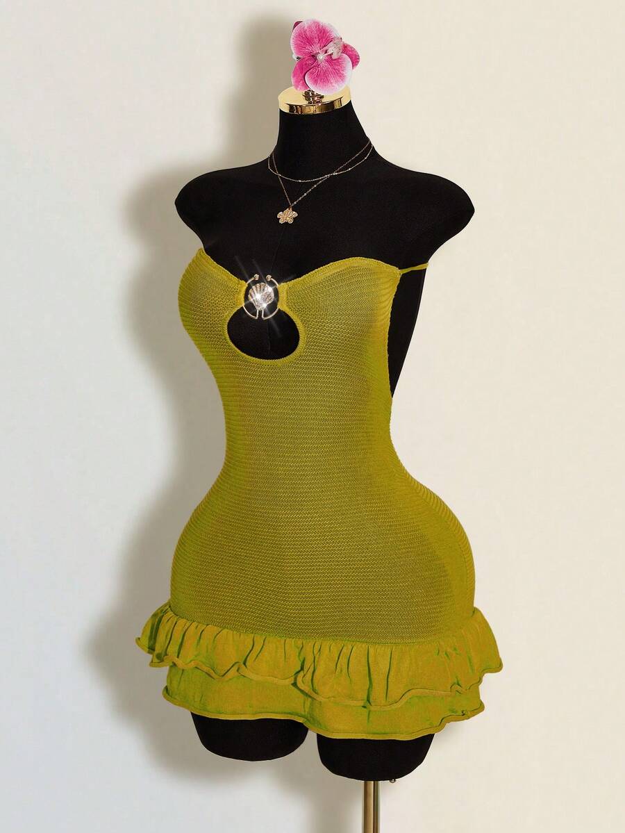 SHEIN ICON 女士金属贝壳链条无肩带荷叶边性感针织连衣裙 - 綠色 - 查看 1