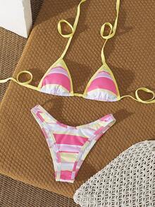 Swim Vcay Women's Yellow Summer Casual Holiday Pool Party Vacation Holiday Halter Triangle Bikini Set,Ribbed Knit Color Block Striped Pattern Swimwear,Y2K - Multicolor - View 5