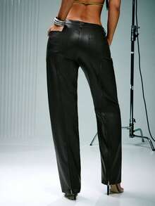 Denimoi 拉链细节直筒仿皮裤，适合闺蜜约会之夜、音乐会等场合，吸睛下装 - 黑色 - 查看 4