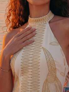 CAJUNI Monos de moda de verano sin mangas y sin espalda con estampado bordado de loro - Amarillo - Ver 5