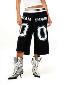 SUMWON WOMEN Black Graphic Jorts With Boxer Waistband Team Numbers Sports Inspired Wide Leg Knee Length Summer Casual Shorts, World Cup Sporty Game Streetwear - Black - View 6