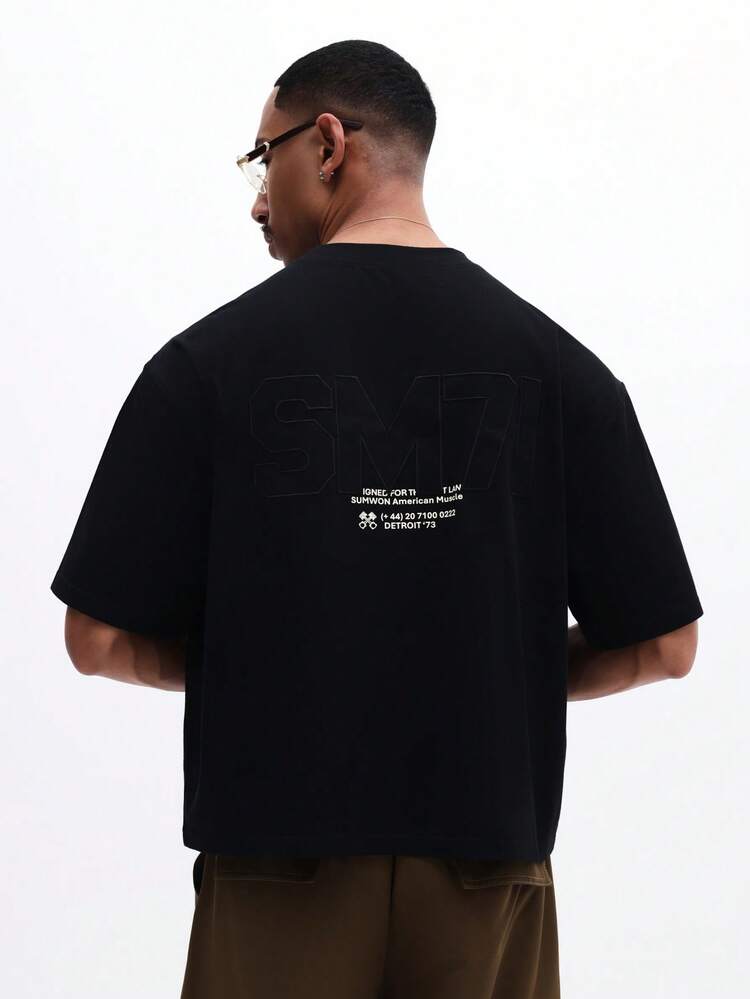 Herren Casual Boxy Fit Kurzarm Rundhals T-Shirt mit Rücken-Muster Textdesign Baumwoll-Tee