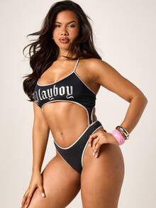 Missguided x Playboy Women's Cut Out Halter One Piece Swimsuit With Print And Contrast Trim Details - Black - View 3