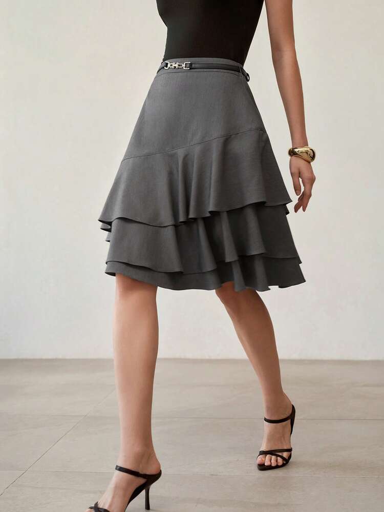 ASYMMETRICAL RUFFLE HEM GRAY SKIRT