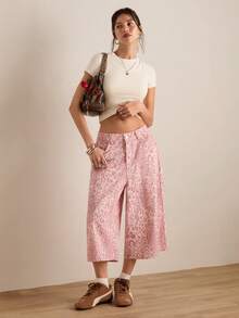 Easelle Quần lửng nữ kiểu dáng thường ngày, túi xéo, họa tiết da báo hồng, thích hợp cho các buổi hòa nhạc đồng quê, rộng rãi và thoải mái. - Hồng - Xem 3