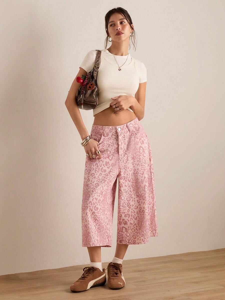 Easelle Quần lửng nữ kiểu dáng thường ngày, túi xéo, họa tiết da báo hồng, thích hợp cho các buổi hòa nhạc đồng quê, rộng rãi và thoải mái. - Hồng - Xem 1