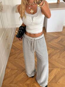 SHEIN EZwear Women's Casual Striped Drawstring Waist Sweatpants - Apricot - View 5