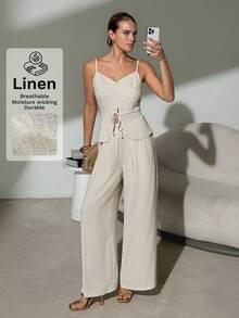 Lavishia 女士亚麻套装，舒适套装，优雅度假百搭裤装，春夏款 - 杏色 - 查看 1