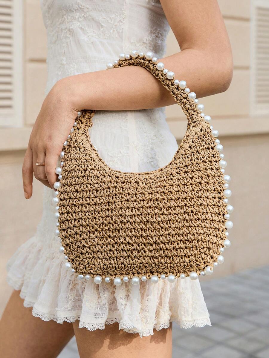 Viva Strut 女士手提包，草编包，珍珠装饰，时尚优雅，简约个性，百搭实用，适合海滩、度假、夏季、海边、沙滩派对等场合 - 卡其色 - 查看 1