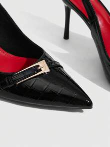 CUCCOO SZL 四季新款鳄鱼纹大纽扣尖头细跟凉鞋，金属纽扣后跟通勤鞋，红色内里高跟鞋，职场百搭女鞋 - 黑色紋 - 查看 5